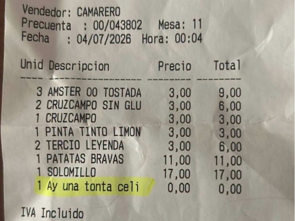 Un bar de Jaén llama 'tonta' a una clienta celíaca en su ticket de cuenta Un bar de Jaén llama 'tonta' a una clienta celíaca en su ticket de cuenta